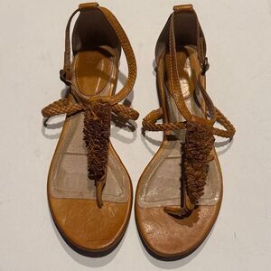 Frye Tan Braided T-Strap Leather Sandals